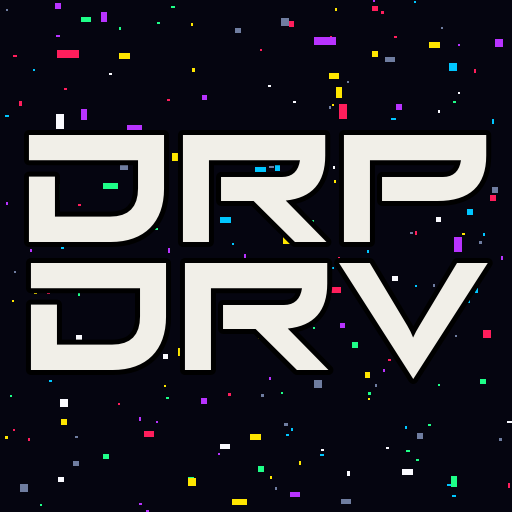 Square DrpDrv tile: the stacked wordmark over a field of coloured blocks