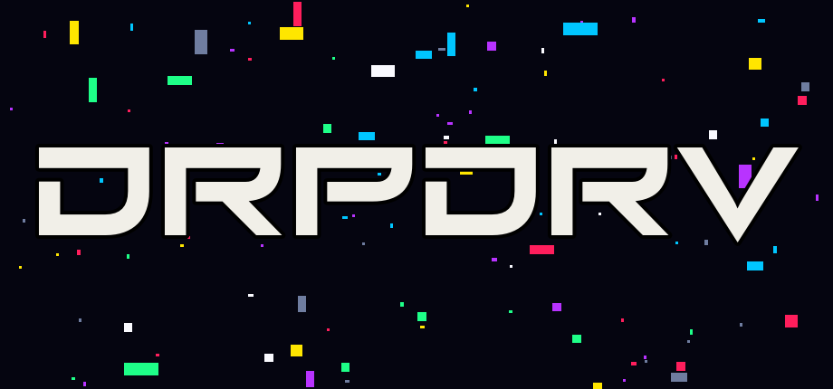 DrpDrv wordmark on its block-confetti field