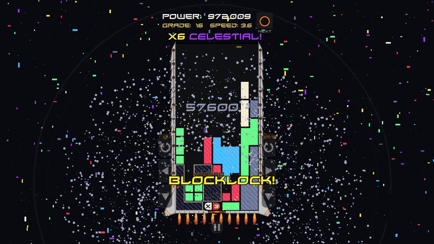 A wide spray of particles bursting from the well, with the words BLOCKLOCK below and a six-times CELESTIAL multiplier above.
