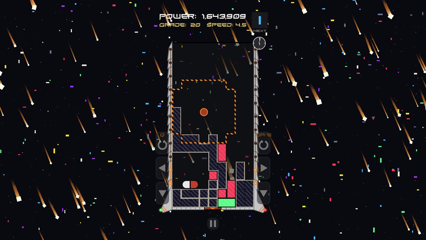 The playfield under a shower of orange meteors, with an orange dashed outline marking a region of the stack and a capsule resting below it.