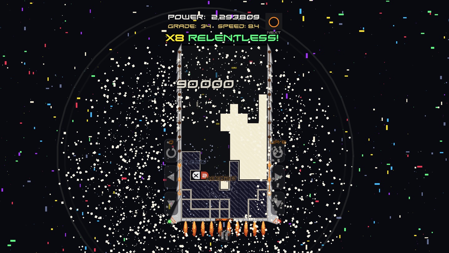 A dense burst of white particles filling the screen around the well, headed by an eight-times RELENTLESS multiplier at grade 34.