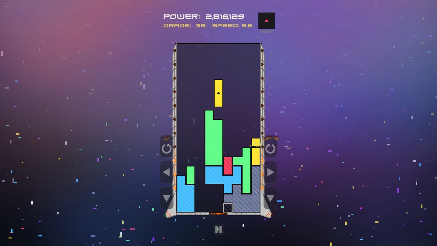The well part-filled with yellow, green, blue and red blocks against a deep purple nebula, on-screen touch controls either side.