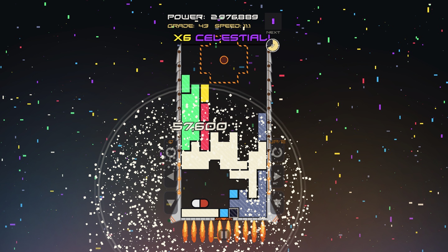 DrpDrv gameplay: cream and coloured blocks stacked in the well against a warm orange nebula, with a six-times CELESTIAL multiplier overhead.